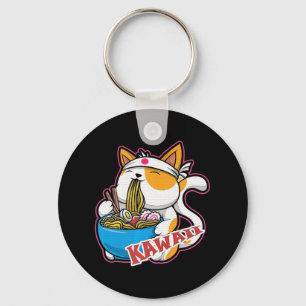vintage kawaii cat eating ramen anime retro Japane Key Ring