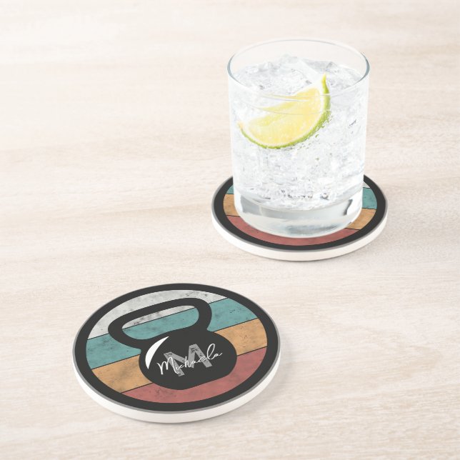 Vintage kettlebell custom monogram name initial coaster (Side)