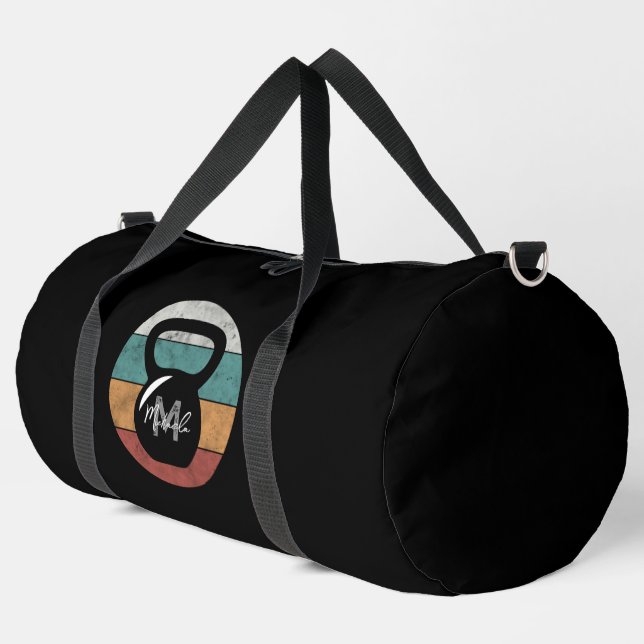 Vintage kettlebell custom monogram name initial duffle bag (Left Corner)