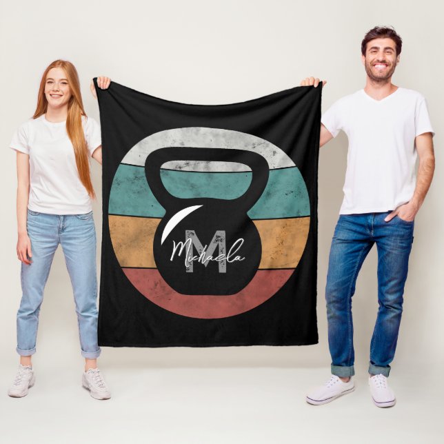 Vintage kettlebell custom monogram name initial fleece blanket (In Situ)