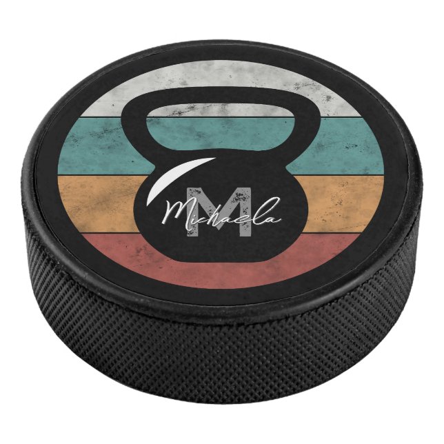 Vintage kettlebell custom monogram name initial hockey puck (3/4)