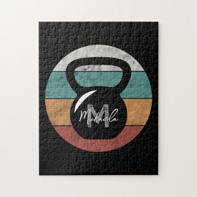 Vintage kettlebell custom monogram name initial jigsaw puzzle (Vertical)