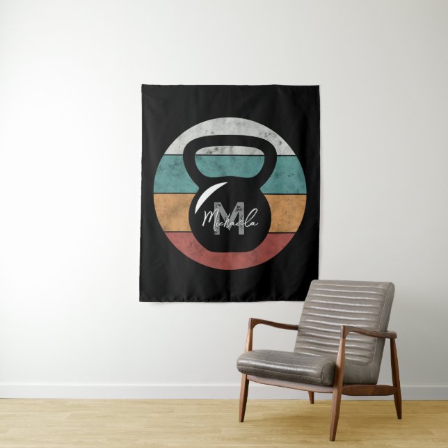 Vintage kettlebell custom monogram name initial tapestry (In Situ)