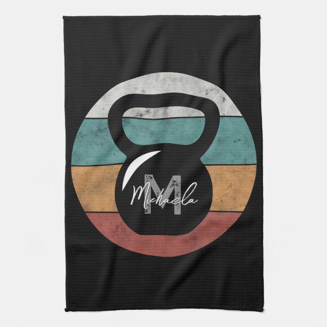 Vintage kettlebell custom monogram name initial tea towel (Vertical)
