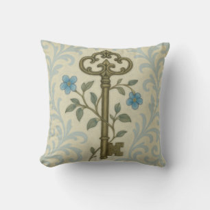 Vintage Key & Blue Floral Scroll Square Cushion