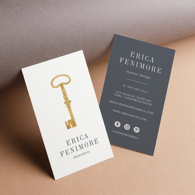 Vintage Key | Interior Designer Vertical Business Card (Creator Uploaded)