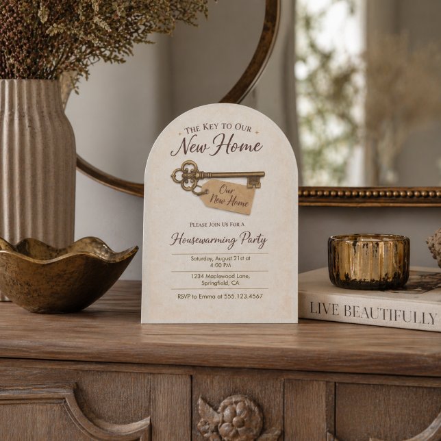 Vintage Key New Home Invitation (Vintage key new home invite with warm beige tones and classic housewarming detail)