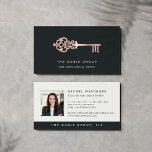 Vintage Key | Rose | Photo Real Estate Business Card<br><div class="desc">Elegant business cards for real estate agents or realtors feature a vintage skeleton key illustration in faux rose gold foil with your name or business name beneath. Add your full contact details to the reverse side in soft off-black on a white background,  along with a photo.</div>