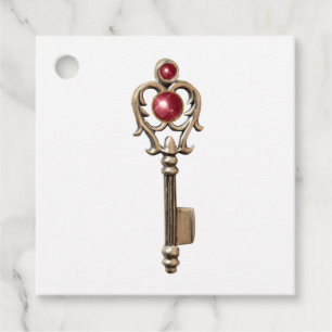 Vintage Key with Ruby Red Gemstone Favour Tags