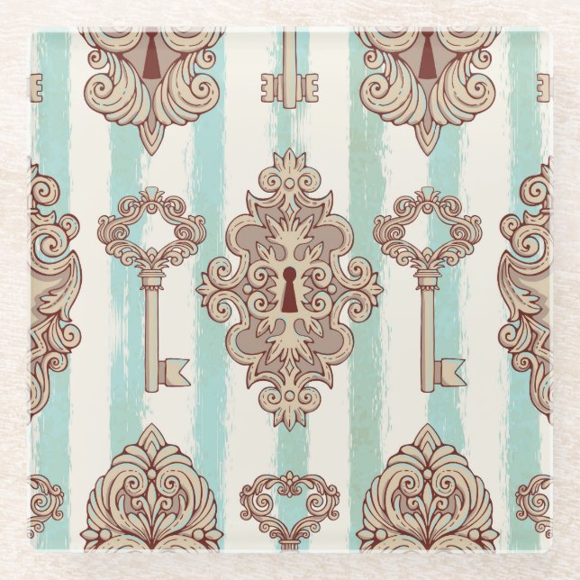Vintage keys, locks: freehand pattern. glass coaster (Front)