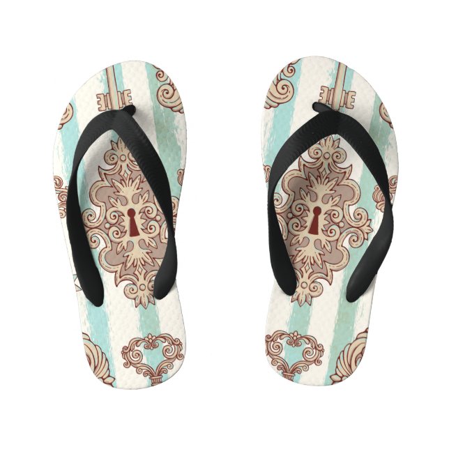 Vintage keys, locks: freehand pattern. kid's flip flops (Footbed)