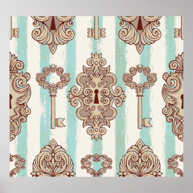 Vintage keys, locks: freehand pattern. poster (Front)