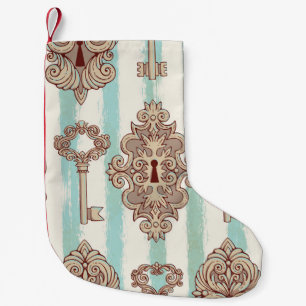 Vintage keys, locks: freehand pattern. small christmas stocking