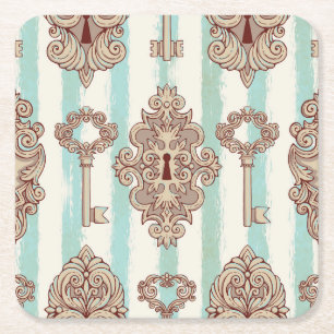 Vintage keys, locks: freehand pattern. square paper coaster