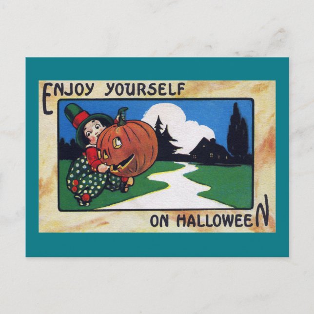 Vintage Kid Hefting Halloween Jack O'Lantern Postcard (Front)