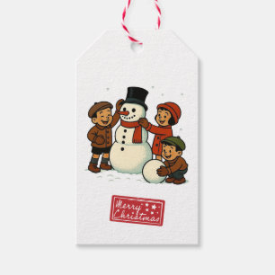 Vintage kids building snowman gift tags