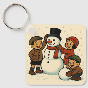 Vintage kids building snowman key ring