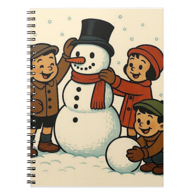 Vintage kids building snowman notebook (Front)
