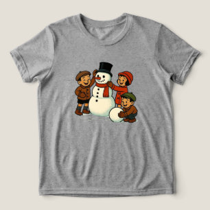 Vintage kids building snowman Tri-Blend shirt