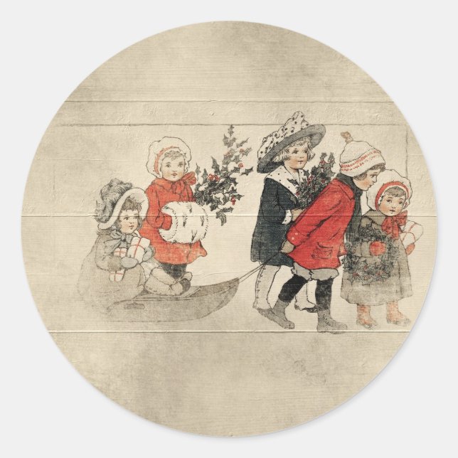 vintage kids christmas tree classic round sticker (Front)