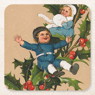 Vintage Kids on Christmas Holly Square Paper Coaster