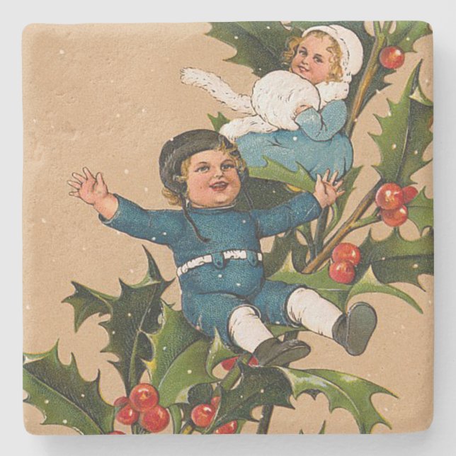 Vintage Kids on Christmas Holly Stone Coaster (Front)