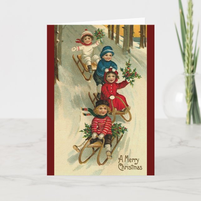 vintage kids on sleigh christmas holiday card (Front)