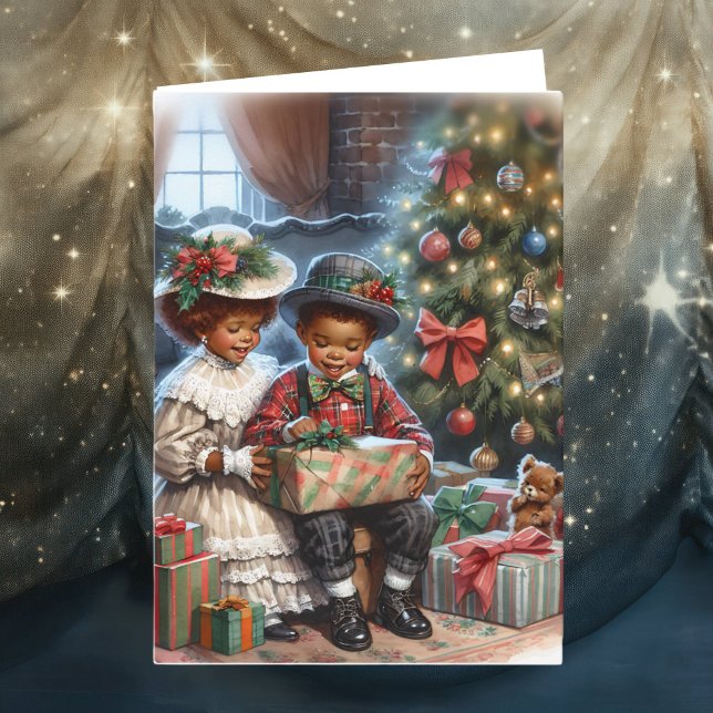 Vintage Kids Opening Christmas Presents  Card (Creator Uploaded)
