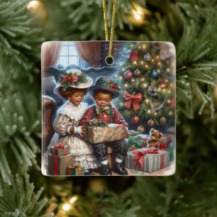 Vintage Kids Opening Christmas Presents Ceramic Ornament
