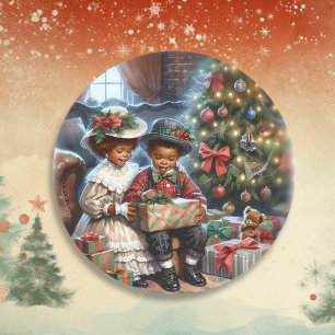 Vintage Kids Opening Christmas Presents  Classic Round Sticker