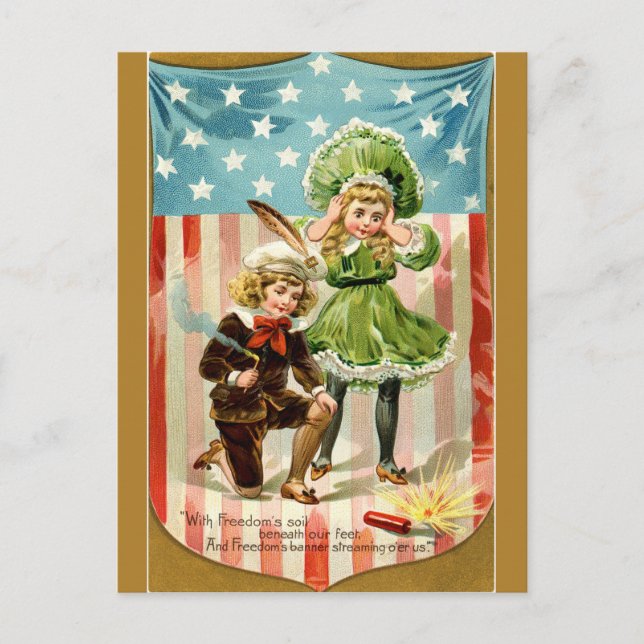 Vintage Kids Setting Off a Firecracker Postcard (Front)
