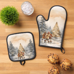Vintage Kids Skating On a Pond Christmas Oven Mitt & Pot Holder Set