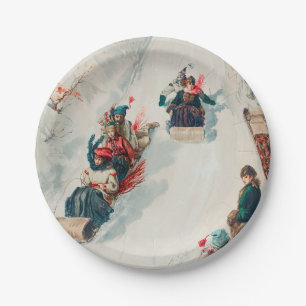 Vintage Kids Sledding Winter Christmas Party Paper Plate