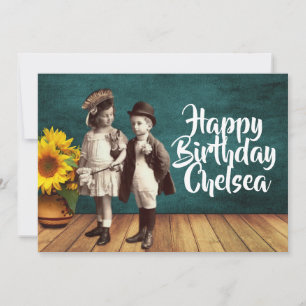 Vintage Kids & Sunflower Personalised Birthday  Card