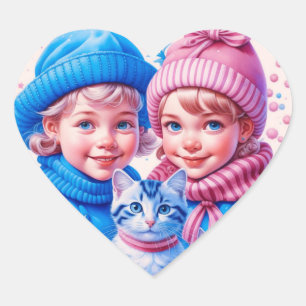 Vintage Kids with Blue and Pink Kittens Christmas Heart Sticker
