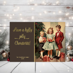 Vintage kids with presents holiday card