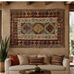 Vintage Kilim Geometric Multicolor Folk Textile Throw Blanket