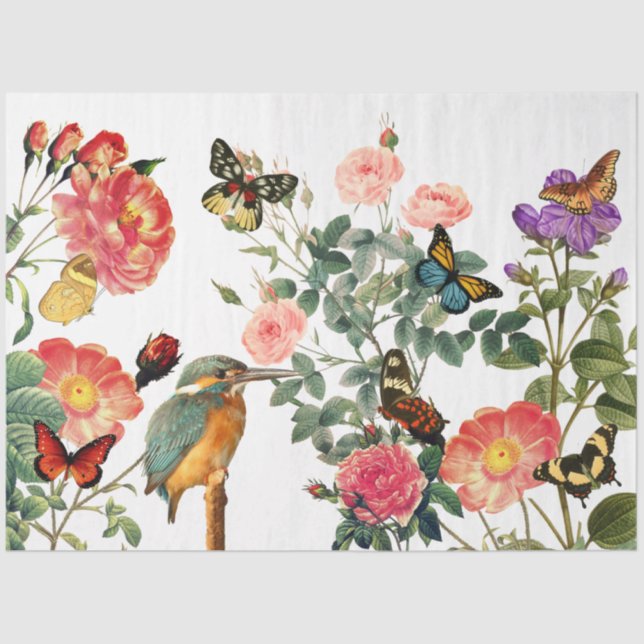 Vintage Kingfisher, Flowers Butterflies Decoupage Tissue Paper (Front)