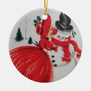Vintage Kissing A Snowman Ceramic Tree Decoration
