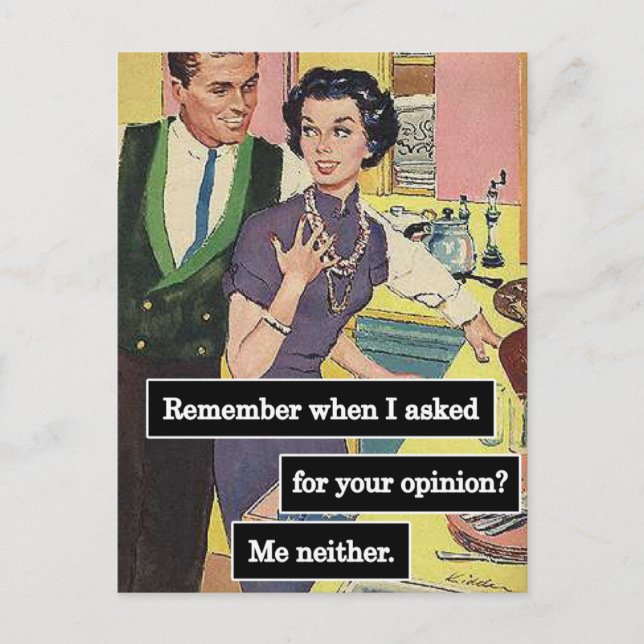 Vintage Kitchen Couple Everyone Has Opinions Postcard (Front)