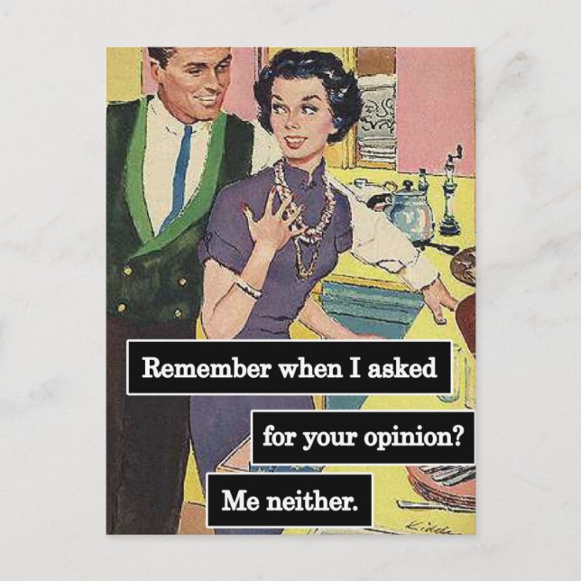 Vintage Kitchen Couple Everyone Has Opinions Postcard (Front)