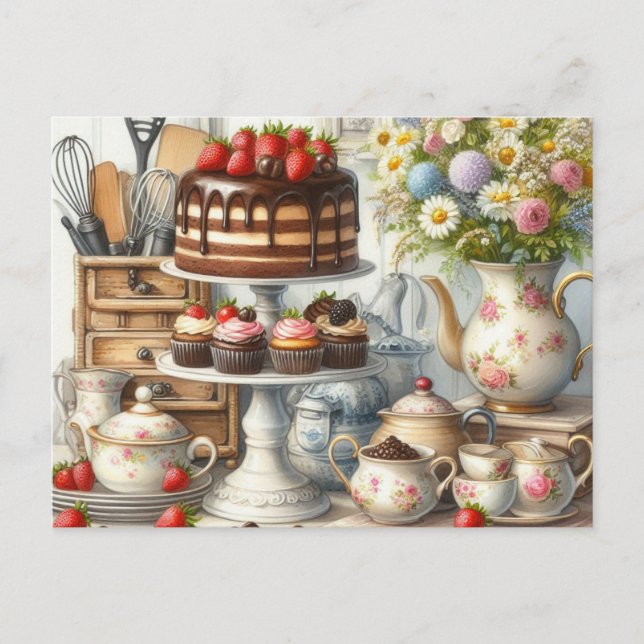 Vintage Kitchen Dishes Cake and Teapot Postcard (Front)
