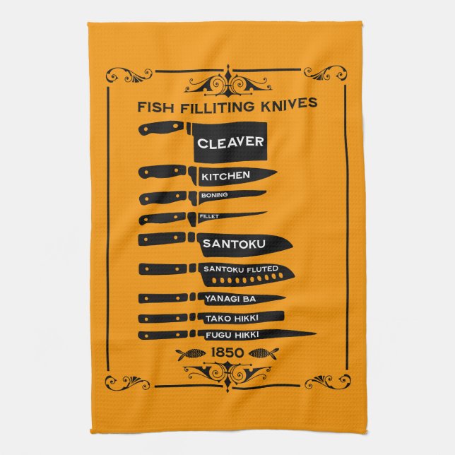 Vintage Kitchen Fish Filleting Knife Chart Tea Towel (Vertical)