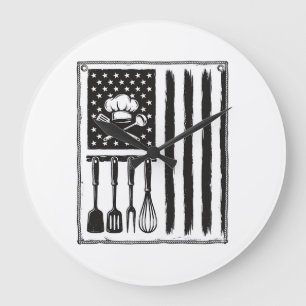 Vintage Kitchen Flag Cooking Utensils Shirt Design Large Clock