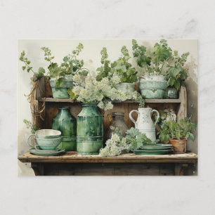  Vintage Kitchen Shelf Green Jars Clay Pots Postcard