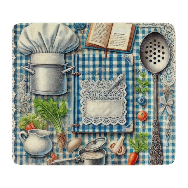 Vintage Kitchen Supplies on Blue Tablecloth Cutting Board (Front)