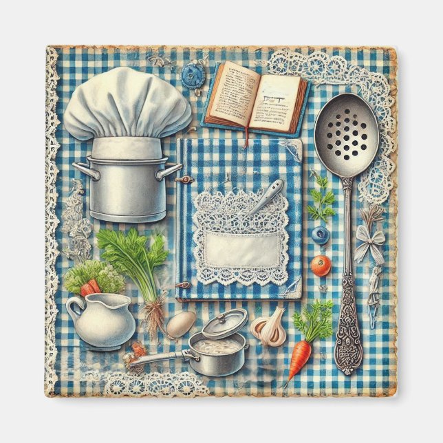 Vintage Kitchen Supplies on Blue Tablecloth Magnet (Front)
