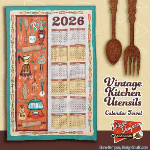 Vintage Kitchen Utensils Calendar Towel 2026