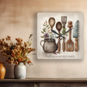 Vintage Kitchen Utensils Country Farmhouse Name Square Wall Clock