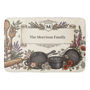 Vintage Kitchenware and Banner with Family Name Bath Mat